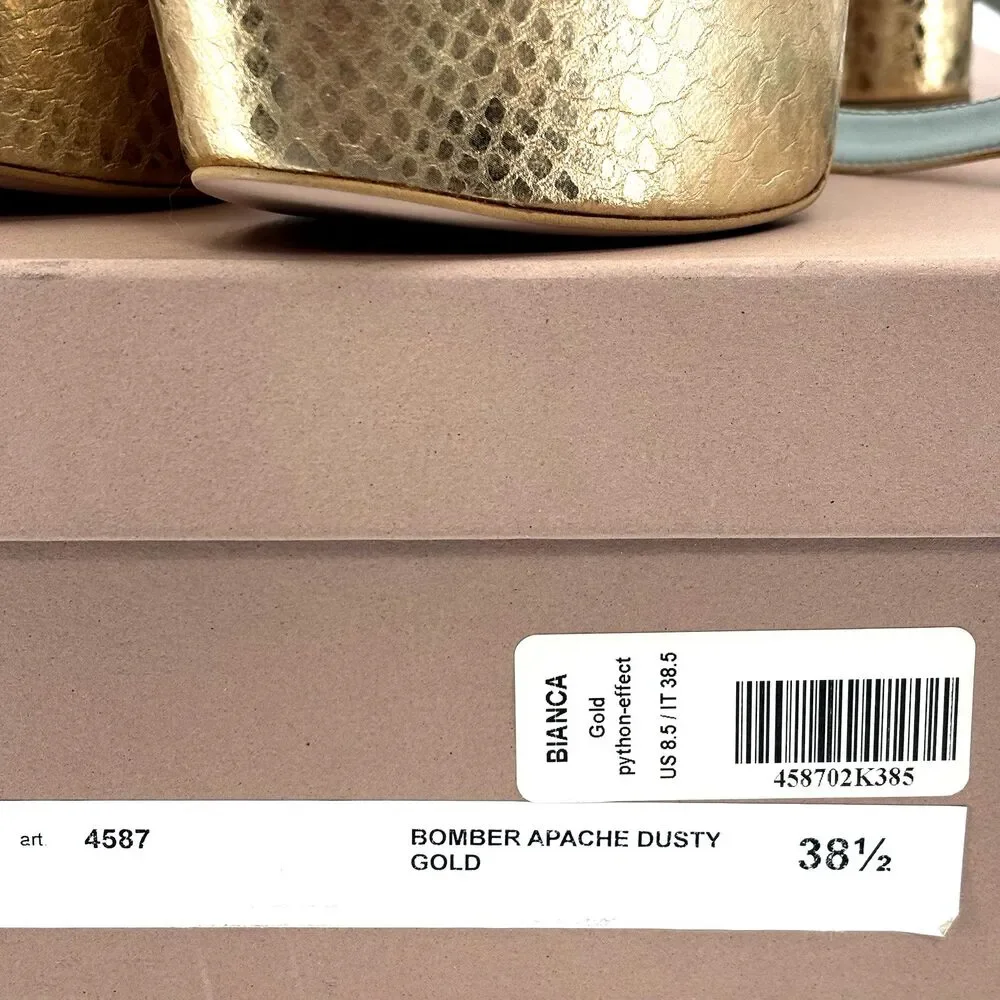 Aera Bianca Platform Block Heel Sandal Gold Python-Effect 8.5 Dust Bag/Box $395